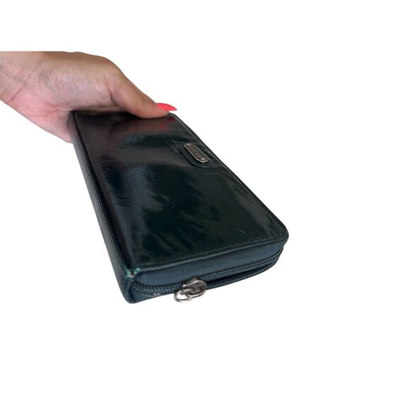 PERLINA Deep Green Patent Leather Zip Around Clutch Wallet - Picture 3 of 9